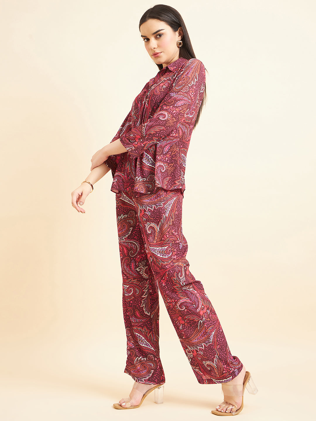 Gipsy Women Printed Button  Georgette Maroon Co-Ord Set