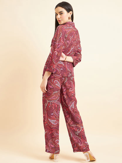 Gipsy Women Printed Button  Georgette Maroon Co-Ord Set