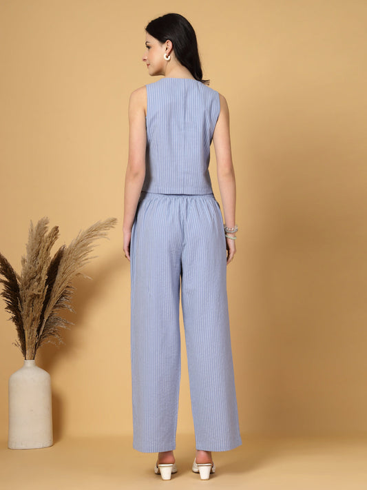 Gipsy Light Blue Striped Cotton Vest With Pants