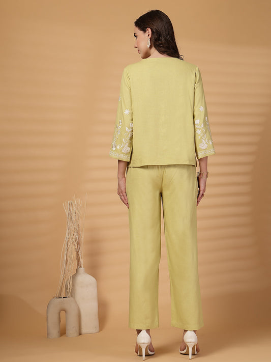 Gipsy Lime Green Embroidery Cotton Top With Pants