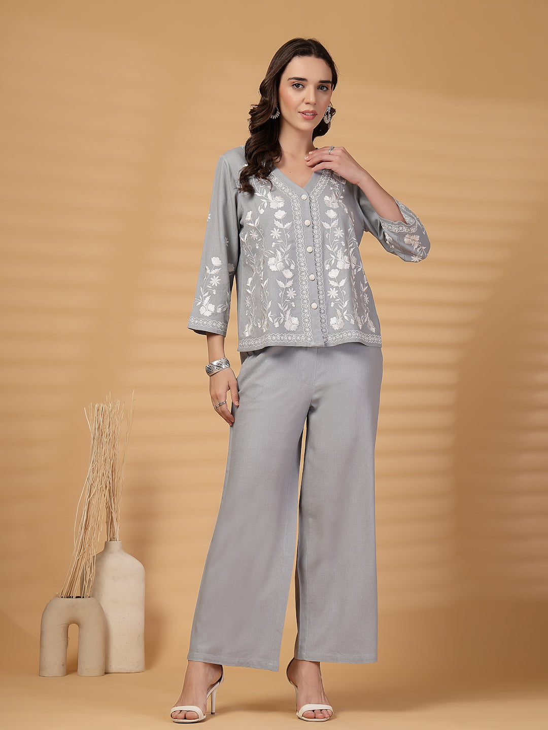 Gipsy Ice Blue Embroidery Cotton Top With Pants