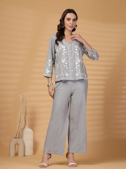 Gipsy Ice Blue Embroidery Cotton Top With Pants