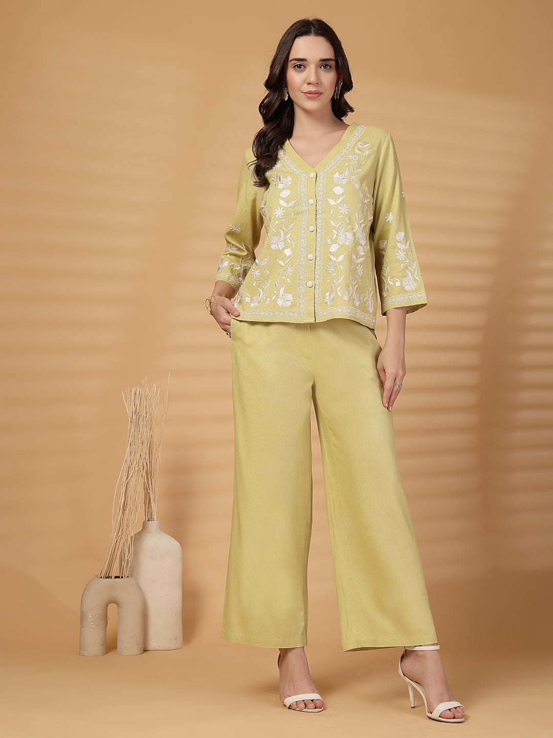 Gipsy Lime Green Embroidery Cotton Top With Pants