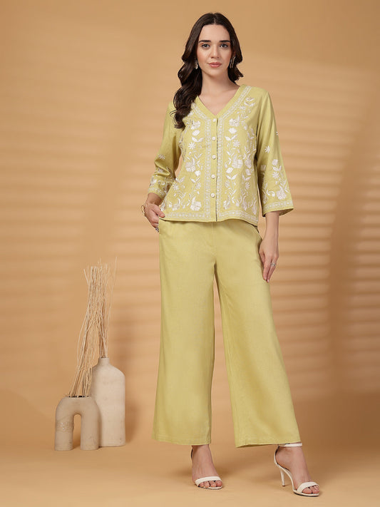 Gipsy Lime Green Embroidery Cotton Top With Pants