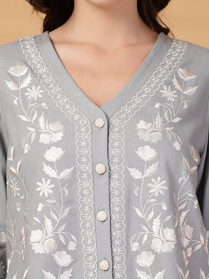 Gipsy Ice Blue Embroidery Cotton Top With Pants