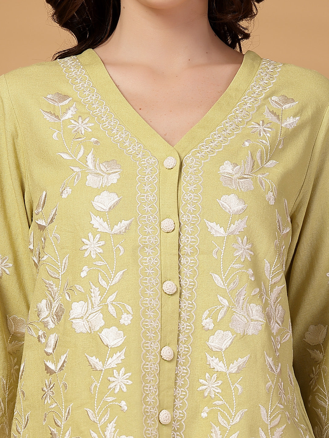 Gipsy Lime Green Embroidery Cotton Top With Pants