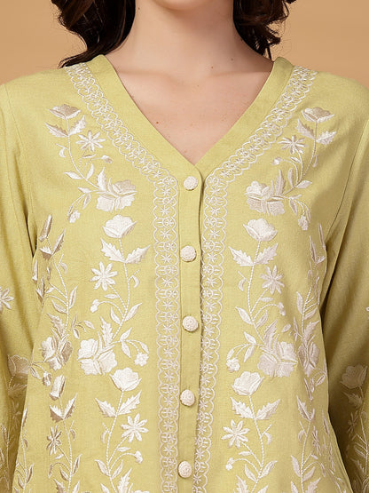 Gipsy Lime Green Embroidery Cotton Top With Pants