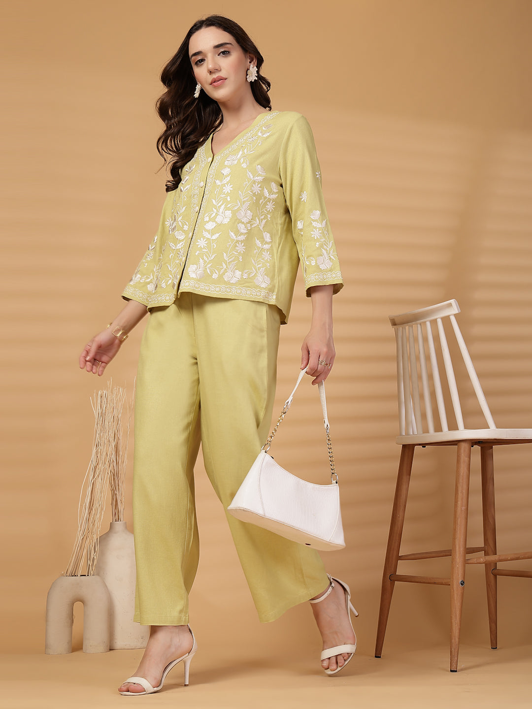 Gipsy Lime Green Embroidery Cotton Top With Pants