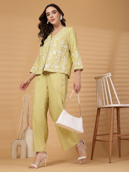 Gipsy Lime Green Embroidery Cotton Top With Pants