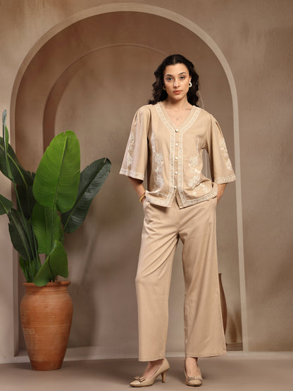 Gipsy Beige Embroidery Linen Cord Set