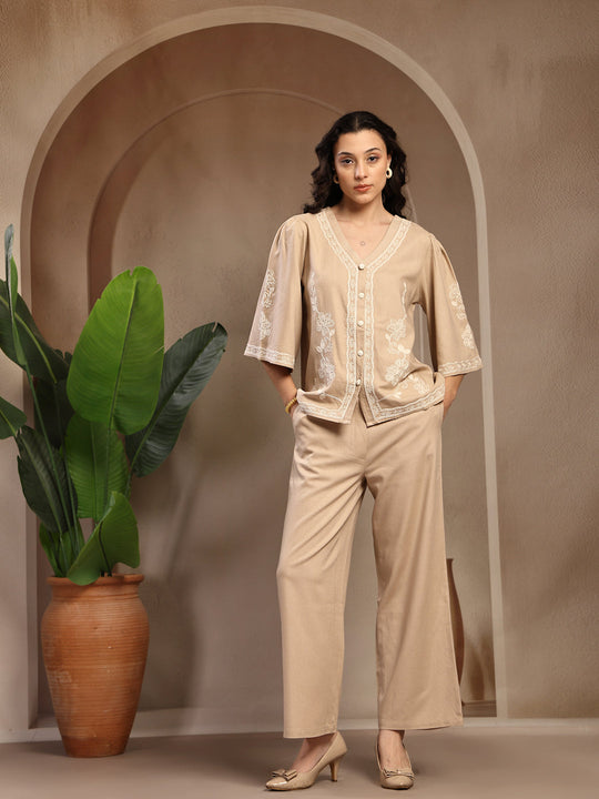 Gipsy Beige Embroidered Linen Cord Set