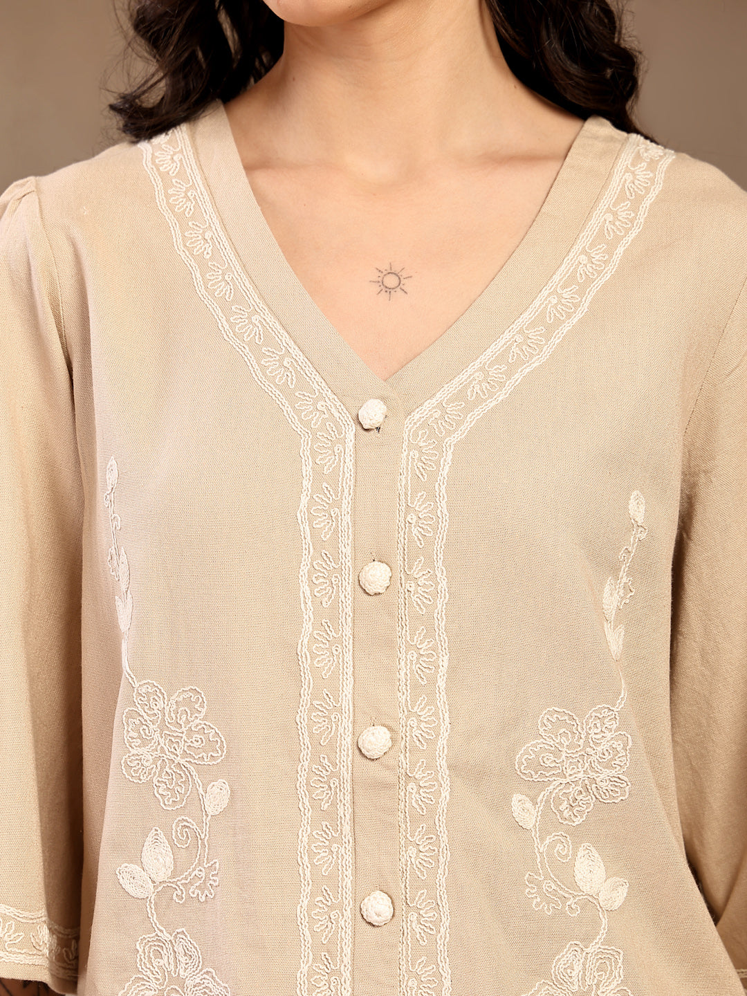 Gipsy Beige Embroidered Linen Cord Set