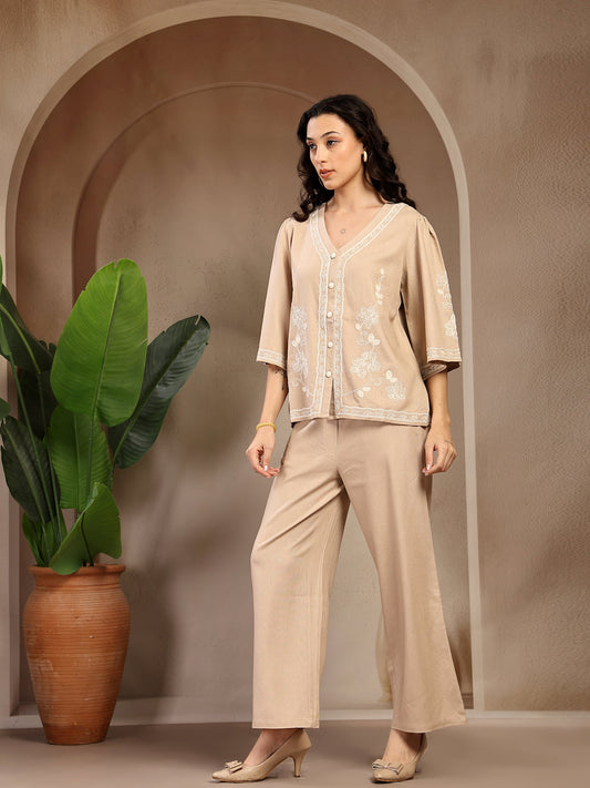 Gipsy Beige Embroidery Linen Cord Set