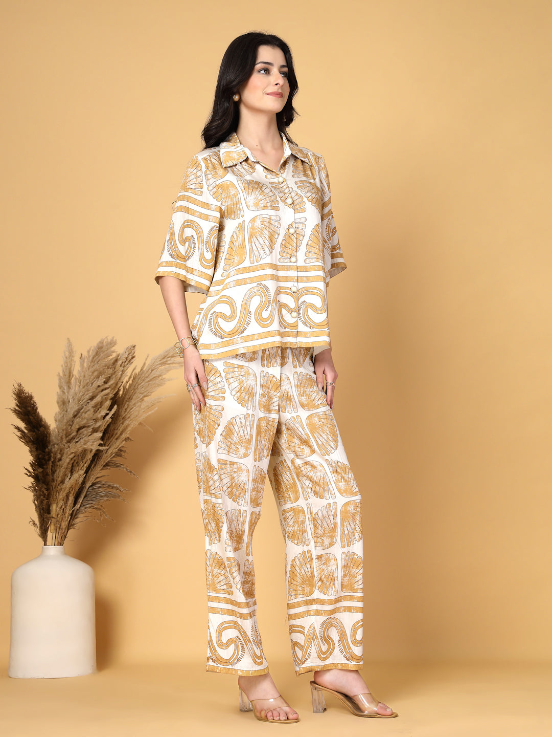 Gipsy Beige Printed Rayon Shirt With Pants