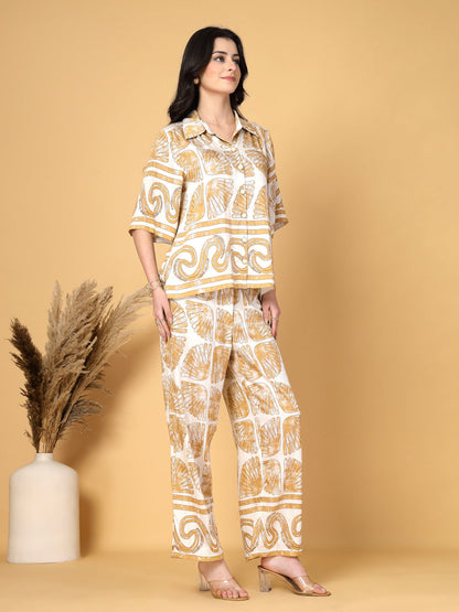 Gipsy Beige Printed Rayon Shirt With Pants