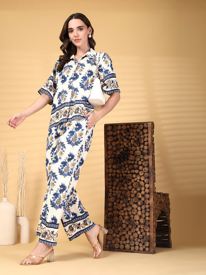 Gipsy Cobalt Blue Printed Rayon Shirt With Pants