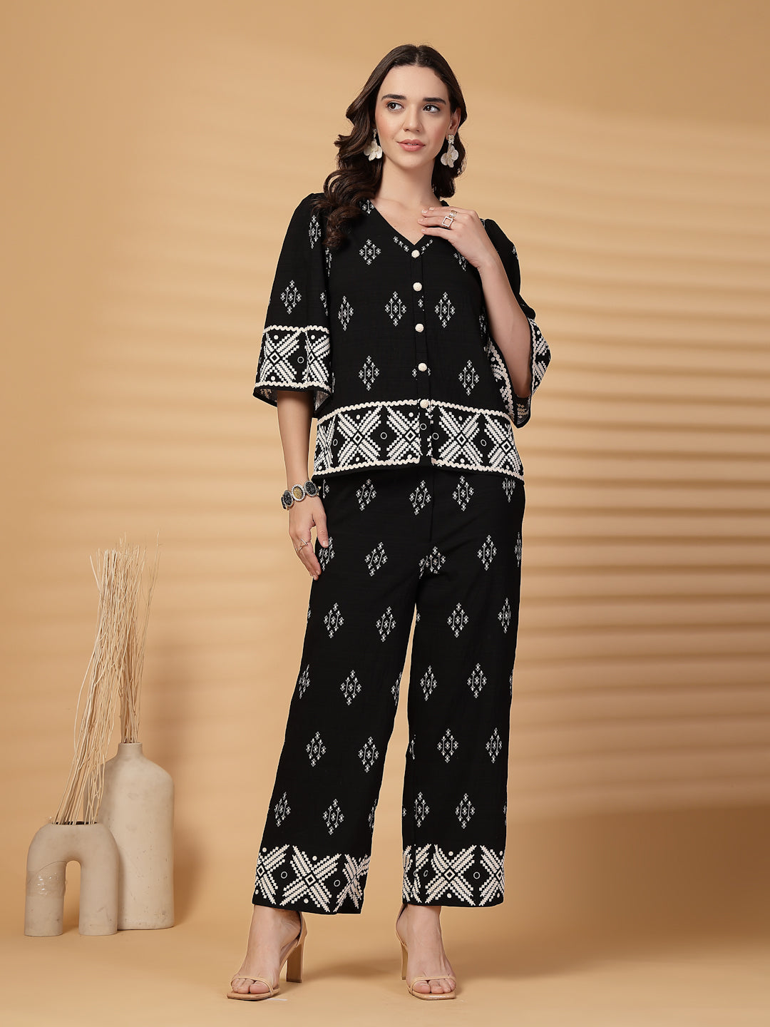 Gipsy Black Printed Rayon Top With Pants