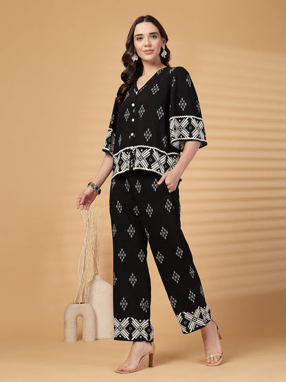 Gipsy Black Printed Rayon Top With Pants