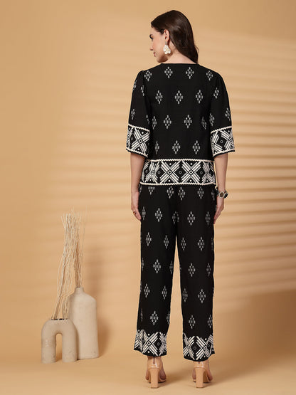 Gipsy Black Printed Rayon Top With Pants