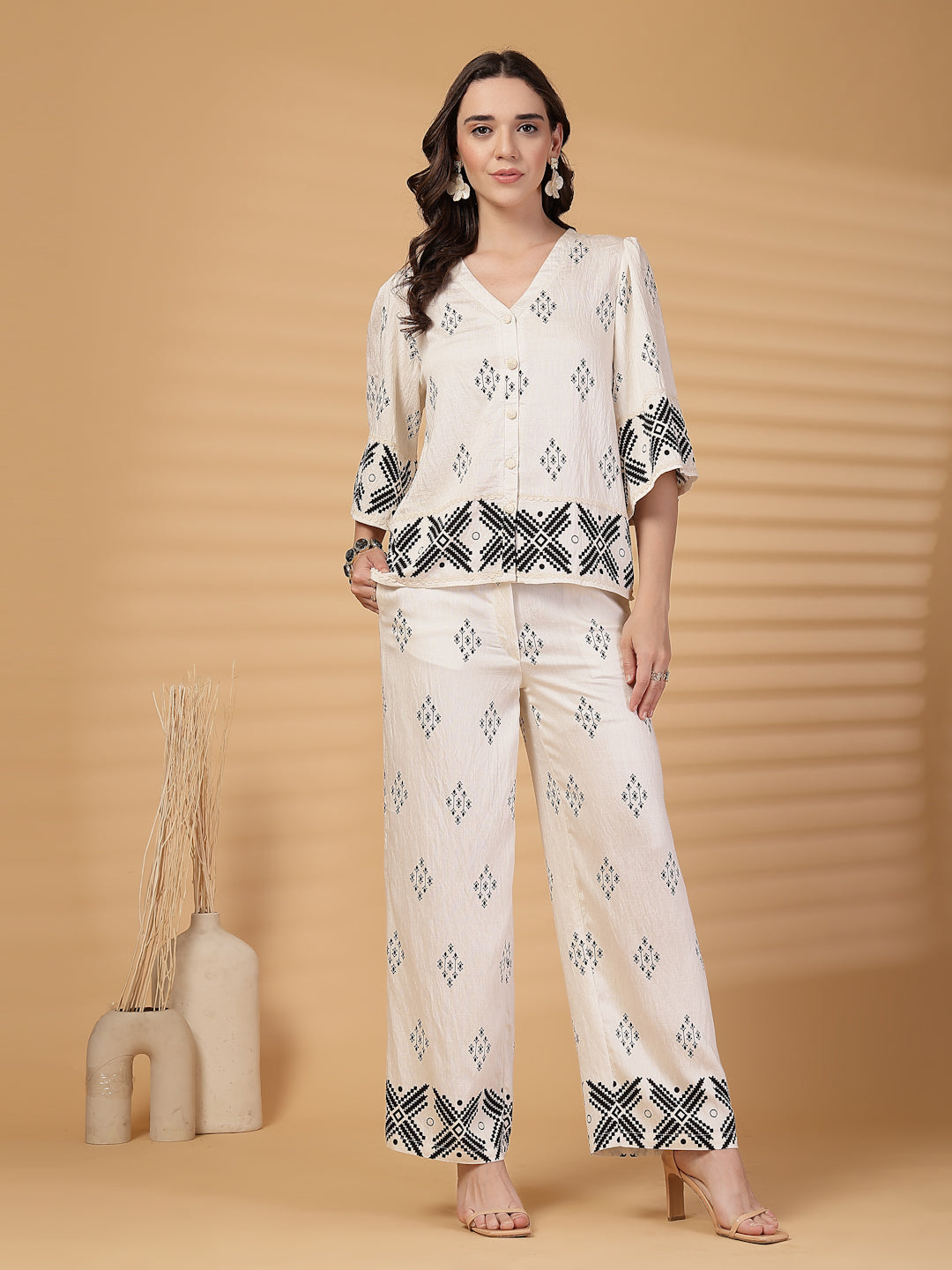 Gipsy White Printed Rayon Top With Pants