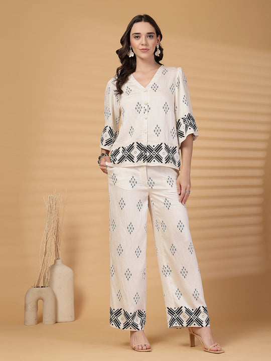 Gipsy White Printed Rayon Top With Pants
