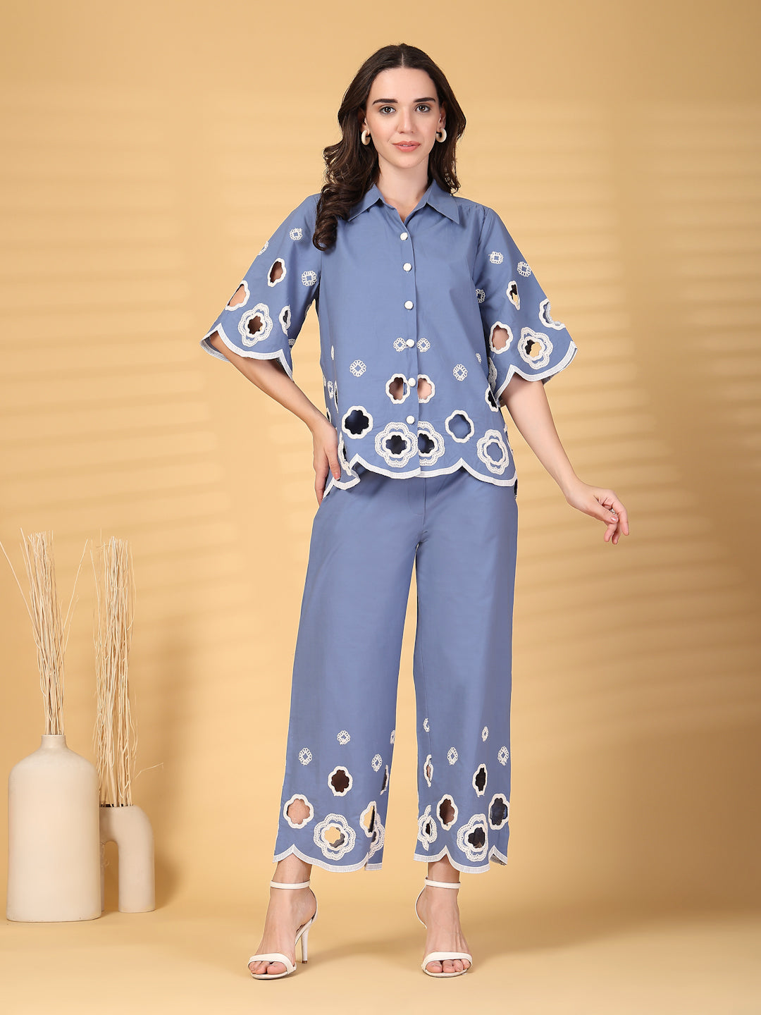 Gipsy Blue Cutwork Embroidery Cotton Shirt With Pants