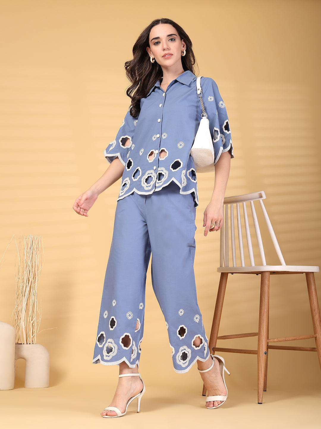 Gipsy Blue Cutwork Embroidery Cotton Shirt With Pants