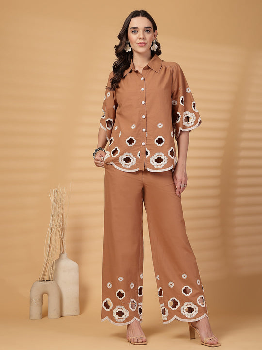 Gipsy Brown Cutwork Embroidered Cotton Shirt With Pants