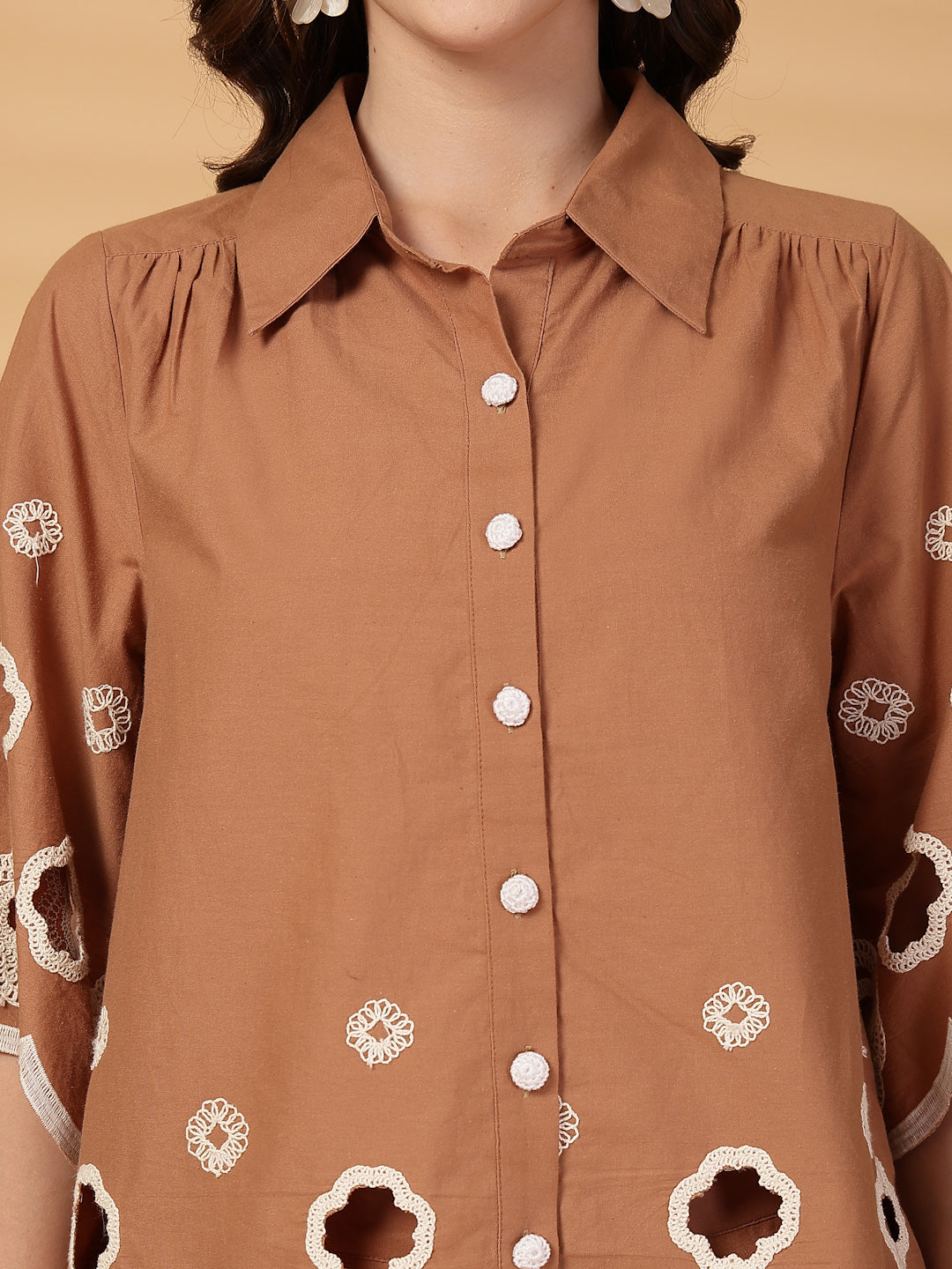 Gipsy Brown Cutwork Embroidery Cotton Shirt With Pants