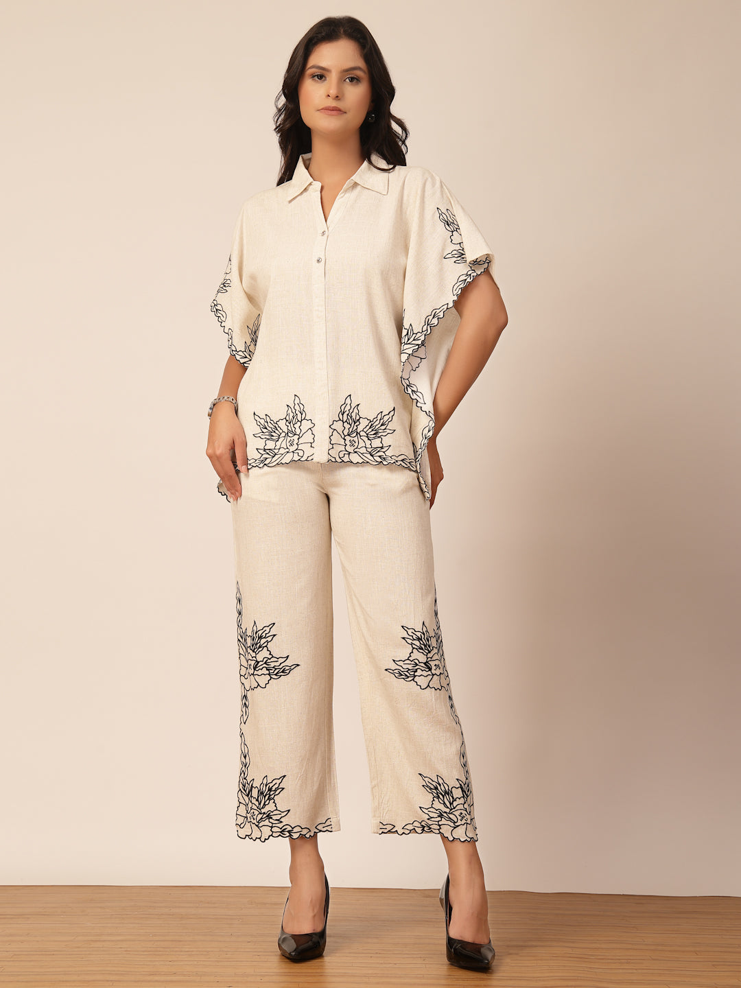 Gipsy Beige Embroidery Linen Co-ord Set