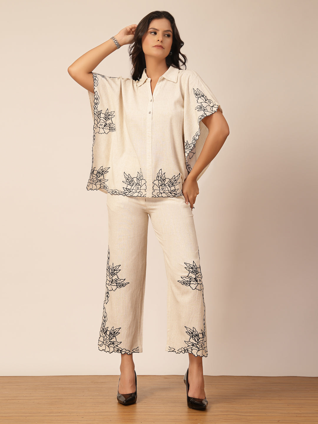 Gipsy Beige Embroidery Linen Co-ord Set