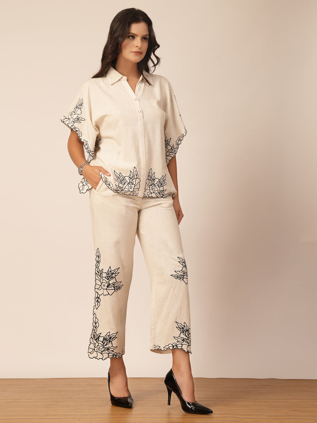 Gipsy Beige Embroidery Linen Co-ord Set