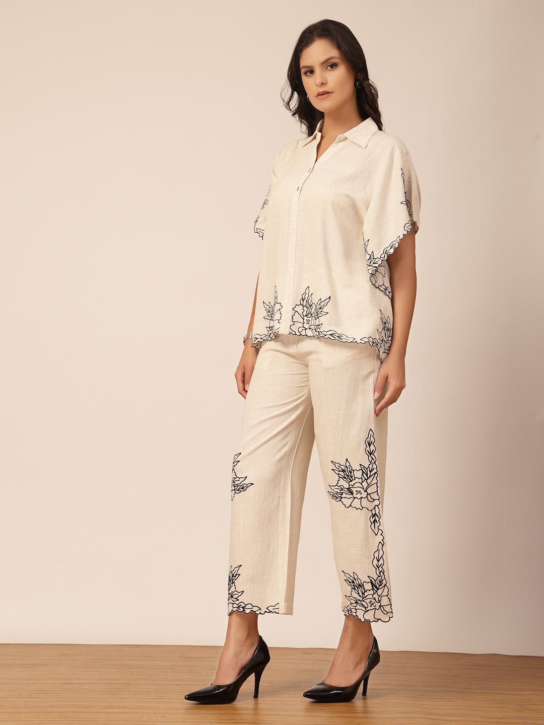 Gipsy Beige Embroidery Linen Co-ord Set