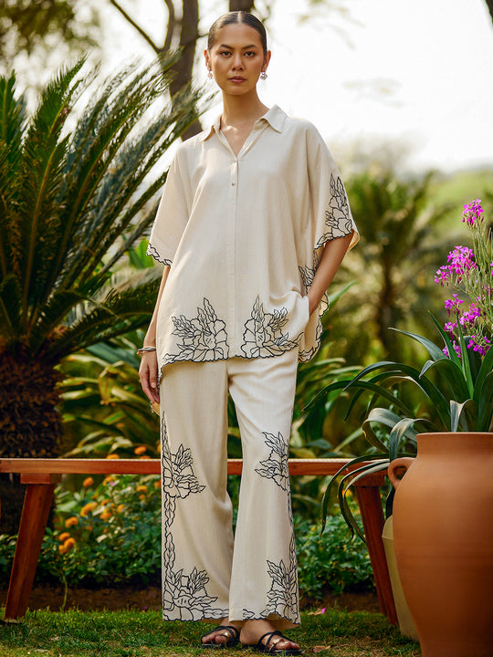 Gipsy Beige Embroidery Linen Co-ord Set