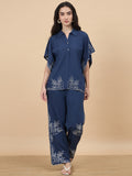 Gipsy Navy Embriodery Linen Viscose Co-Ord Set
