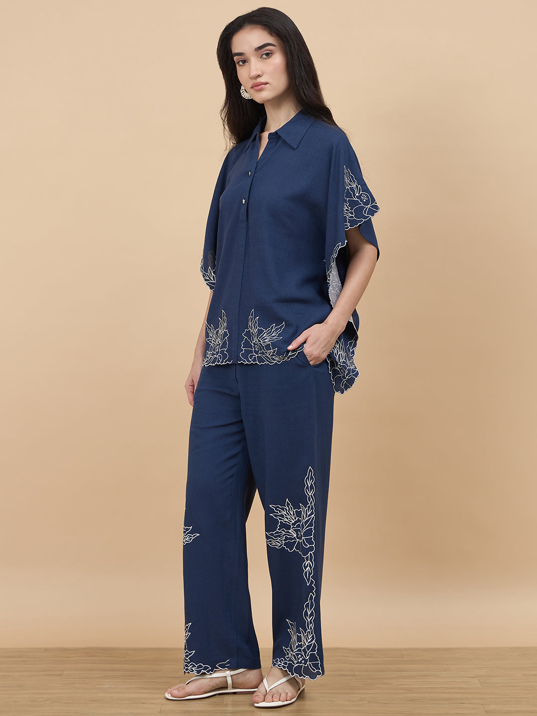 Navy Embroidery Linen Viscose Co-Ord Set