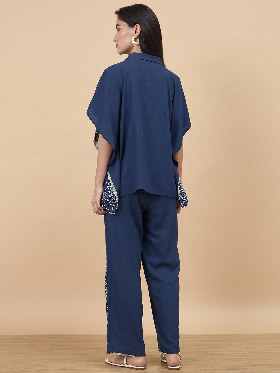 Navy Embroidery Linen Viscose Co-Ord Set