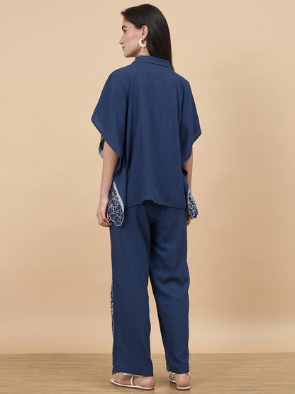 Navy Embroidery Linen Viscose Co-Ord Set