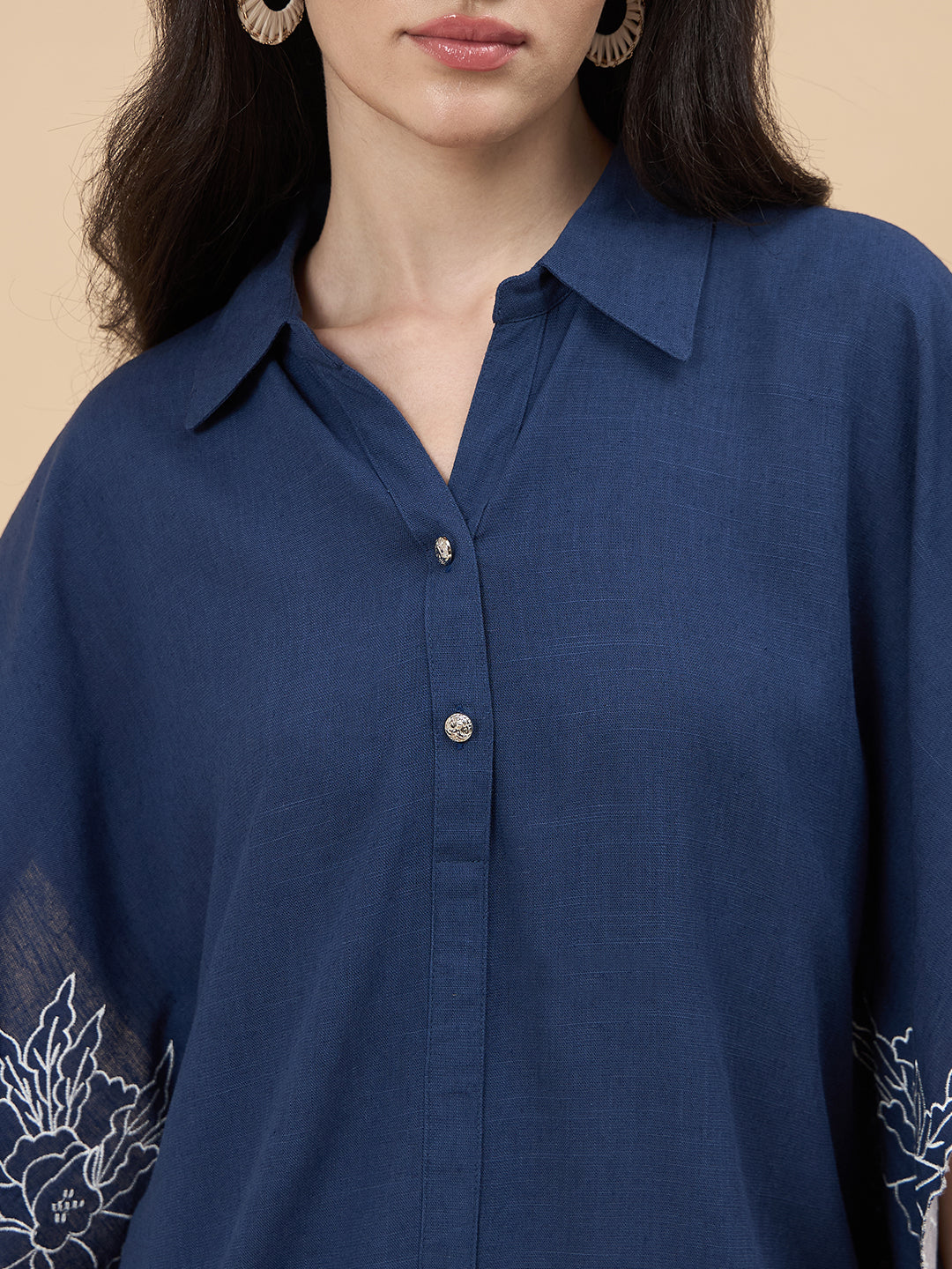 Navy Embroidery Linen Viscose Co-Ord Set
