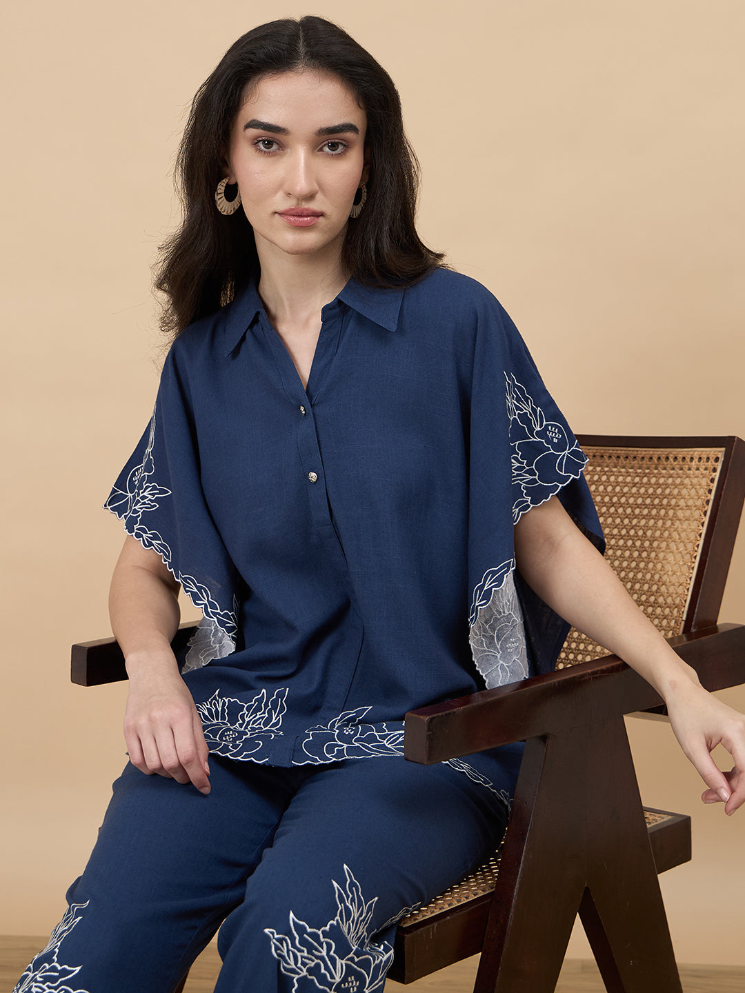 Navy Embroidery Linen Viscose Co-Ord Set