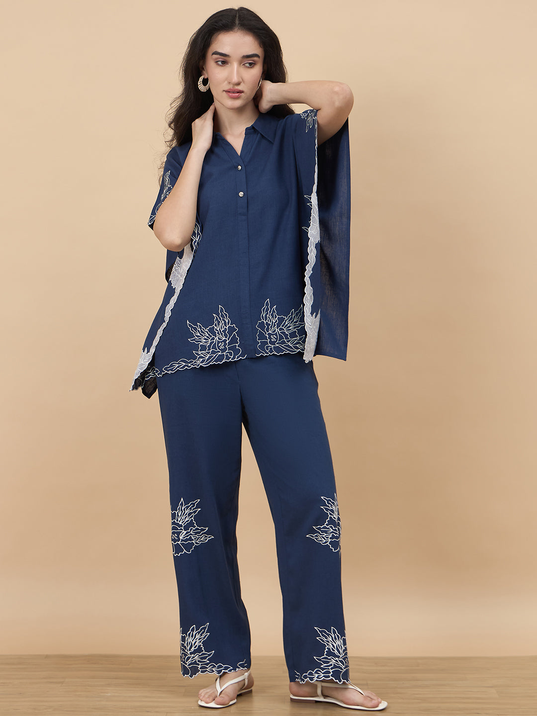 Navy Embroidery Linen Viscose Co-Ord Set