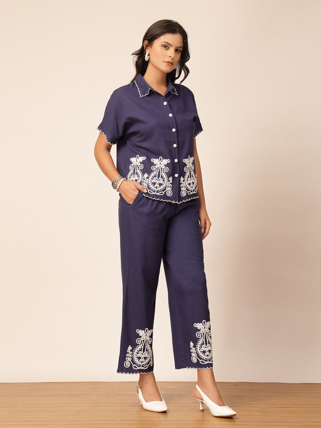 Gipsy Navy Embroidery Linen Co-ord Set