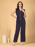 Navy Striped Cotton Drawstring Top With Pant Set