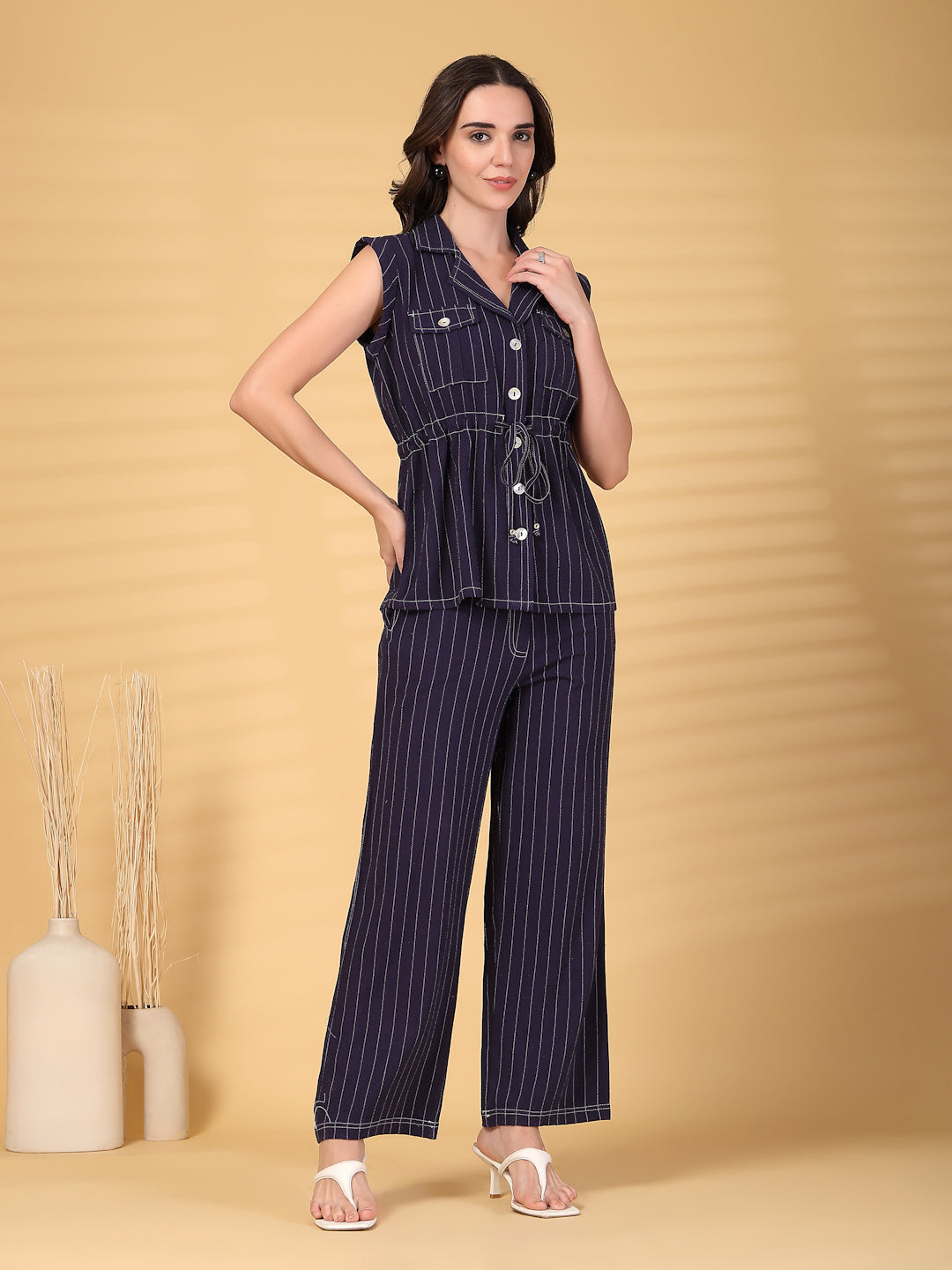 Navy Striped Cotton Drawstring Top With Pant Set