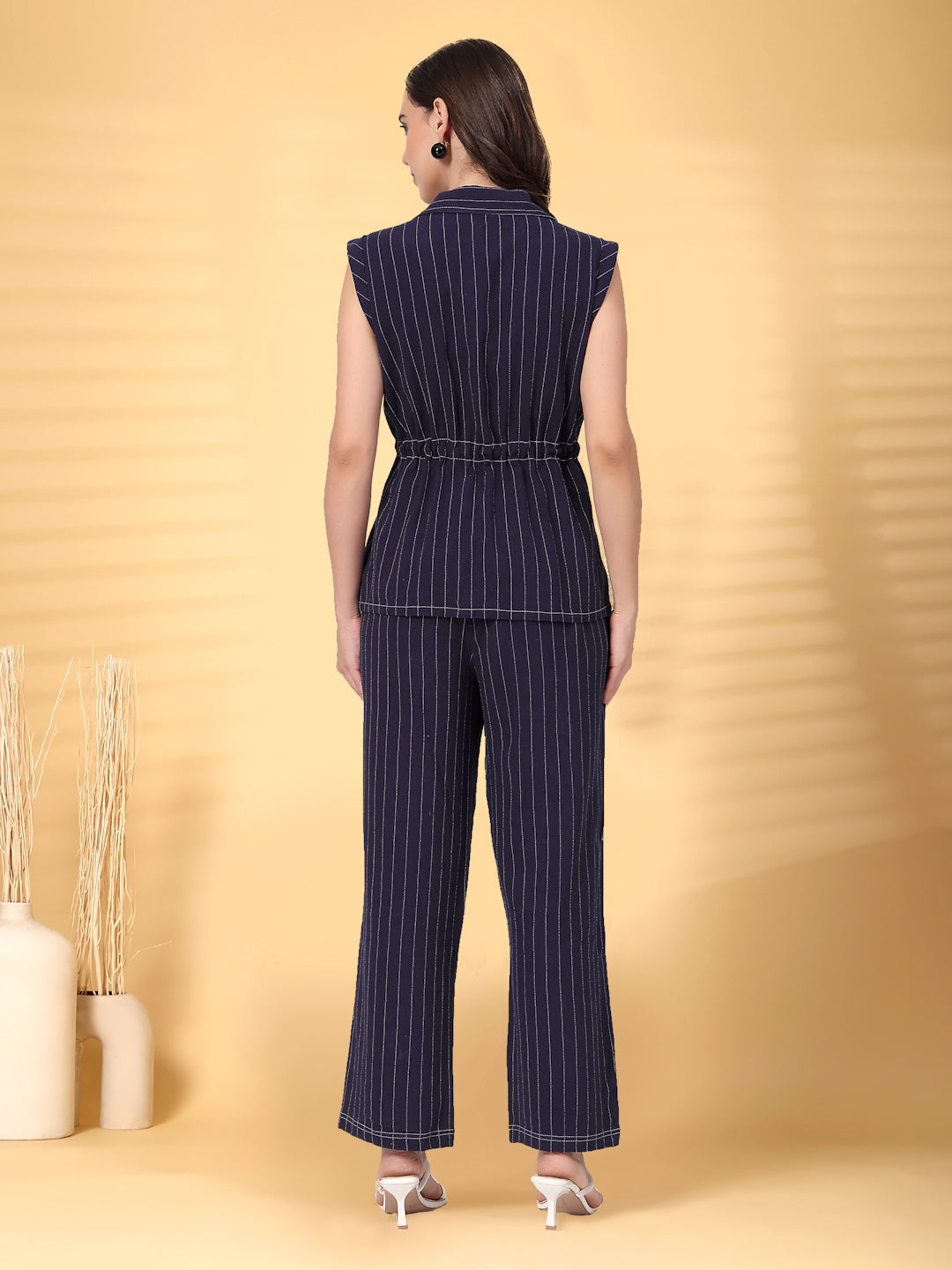 Navy Striped Cotton Drawstring Top With Pant Set