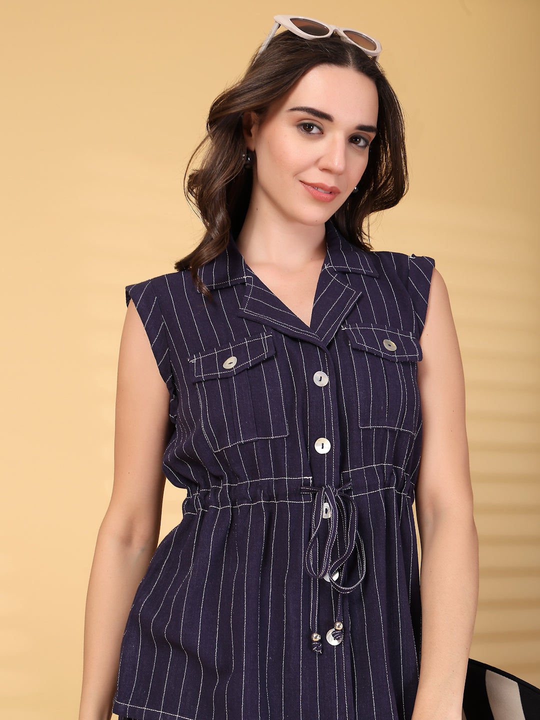 Navy Striped Cotton Drawstring Top With Pant Set