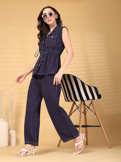 Navy Striped Cotton Drawstring Top With Pant Set