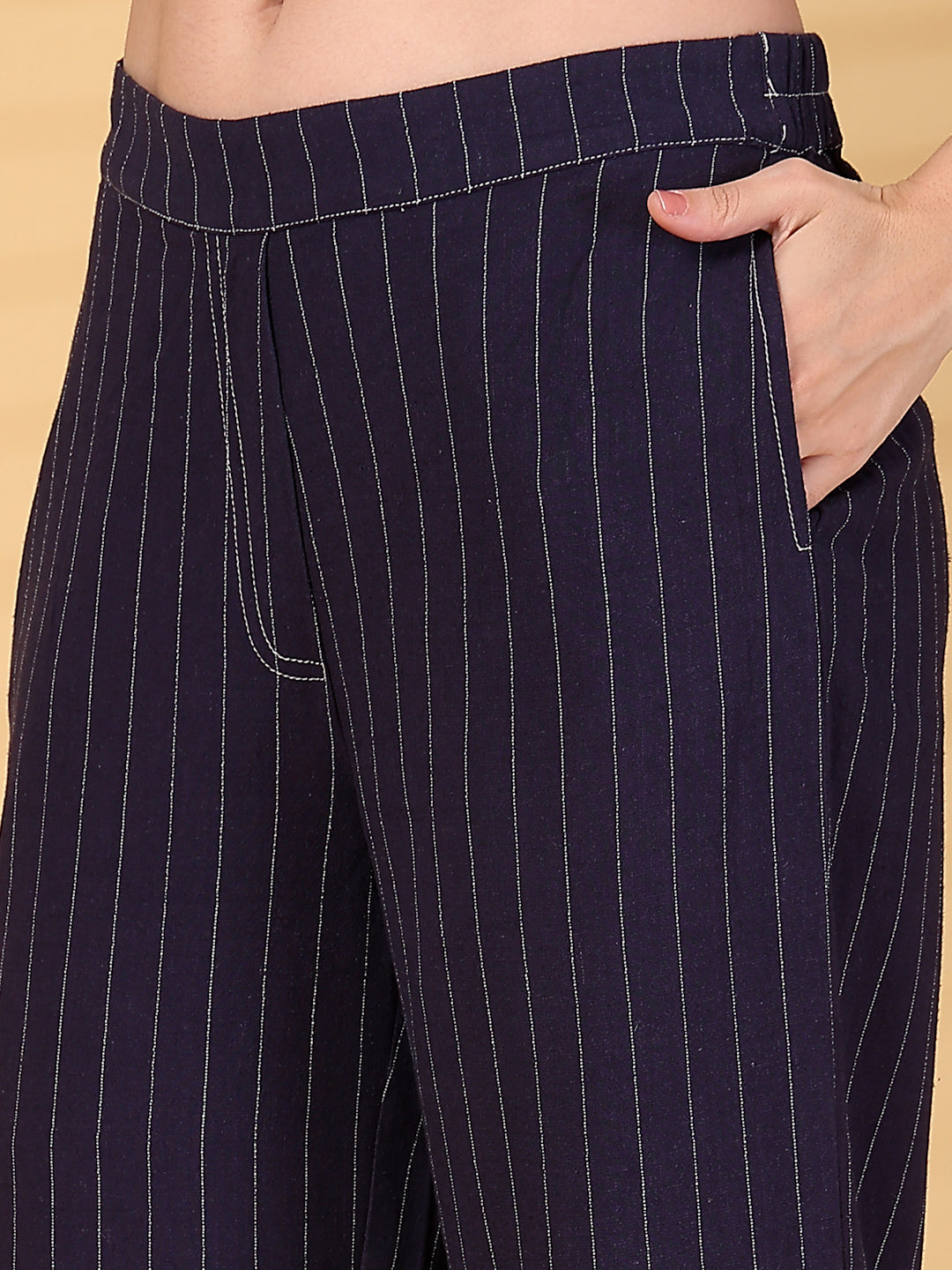 Navy Striped Cotton Drawstring Top With Pant Set