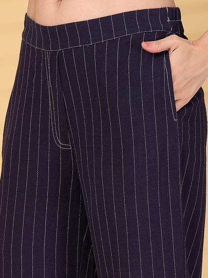 Navy Striped Cotton Drawstring Top With Pant Set