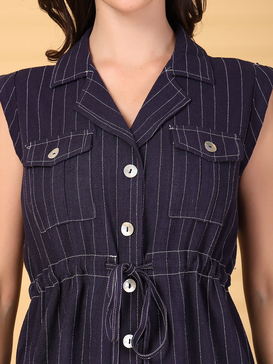 Navy Striped Cotton Drawstring Top With Pant Set